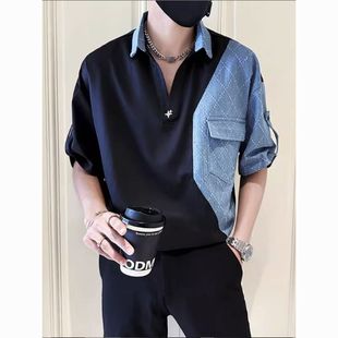 潮流时尚 半袖 牛仔拼接上衣男款 痞帅男士 夏季 穿搭男装 POLO衬衫 短袖
