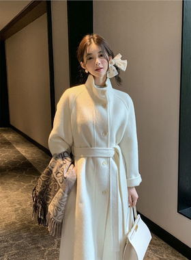 新款2025秋冬韩系立领双面羊绒大衣中长款宽松系带羊毛呢外套