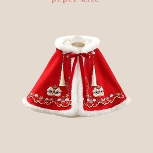 女童斗篷儿童秋冬红色中国加绒加厚宝宝保暖汉服新年外套拜年