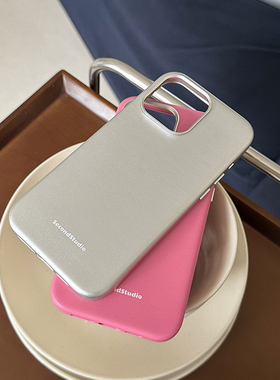 原创设计手工皮革适用苹果15pro手机壳皮质17pro韩系莓粉色iPhone16promax全包保护壳高级感银色14pro