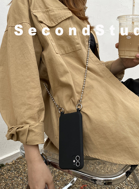 简约黑色iPhone16promax手机壳13原创个性金属链条斜挎14pro苹果15pro液态硅胶全包软壳16