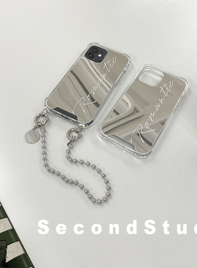 原创简约iphone17promax手机壳16pro高级感艺术英文镜面13金属手提链条苹果15pro全包软壳16防摔