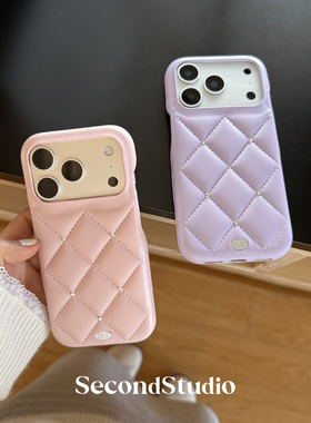 原创水晶钻石小香风皮壳全包边iPhone17promax手机壳16pro小羊皮纹柔软手感苹果15promax保护壳