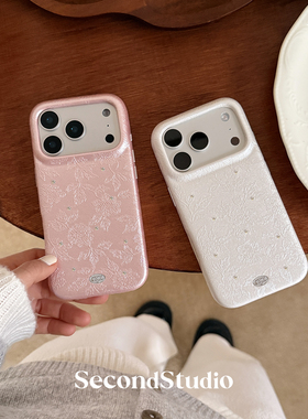 原创法式浮雕花纹皮革细闪iPhone17promax手机壳高级水晶钻石15pro苹果16pro全包边手工皮质保护壳