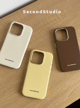 原创小众简约纯色适用iphone16promax皮质手机壳苹果17全包保护壳手工皮革14创意撞色英文15promax