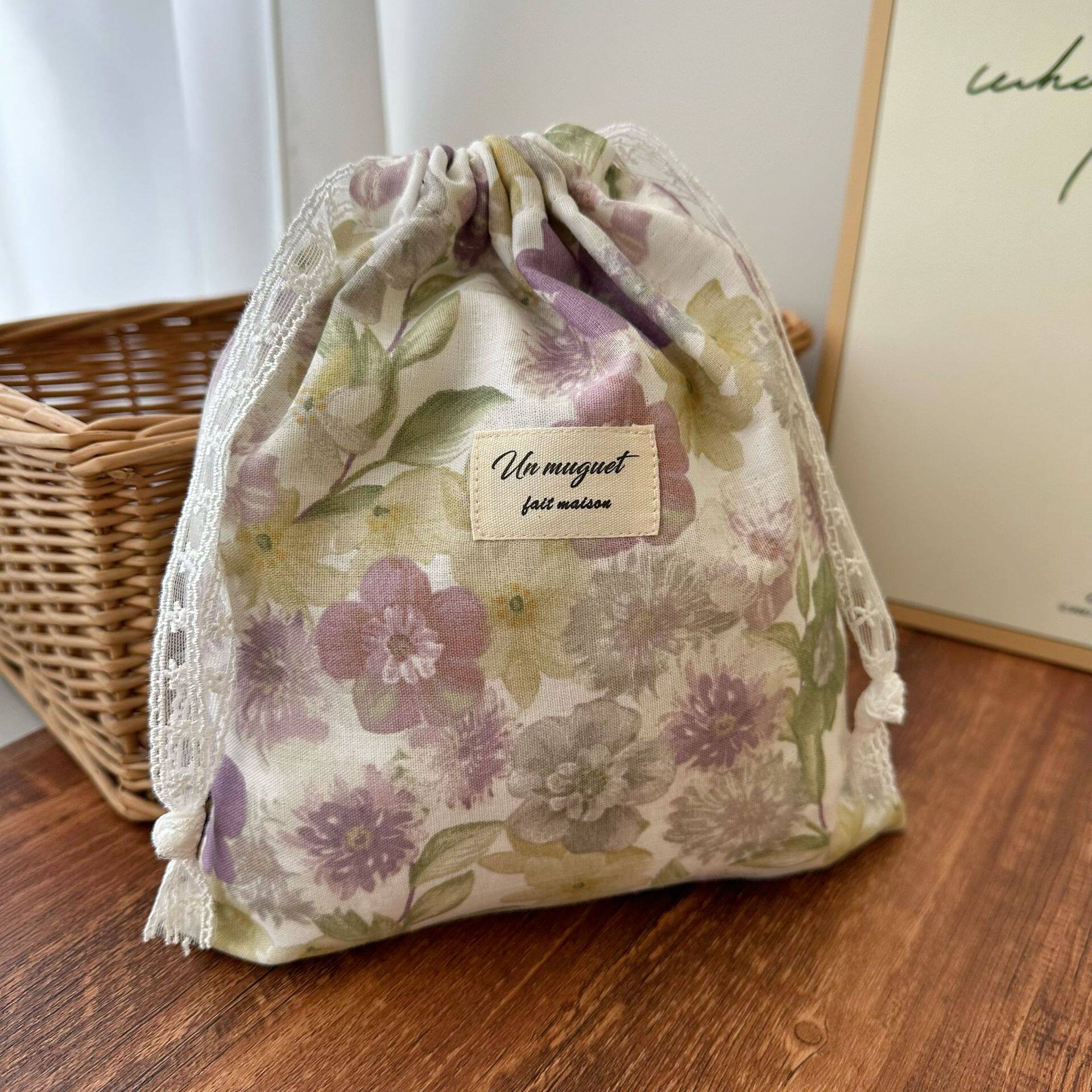 双层棉纱精梳棉布抽绳束口袋蕾丝抽绳小碎花收纳袋棉布袋拉绳包