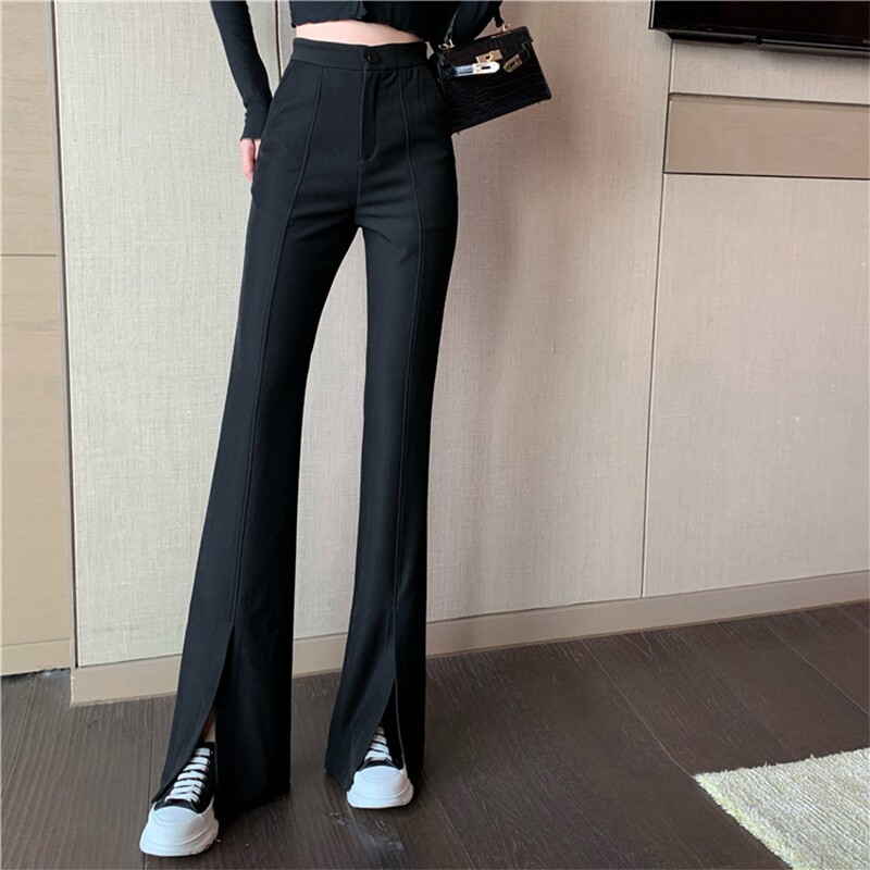 前开叉裤子女黑色高腰微喇叭裤修身显瘦2024春季新款休闲阔腿长裤