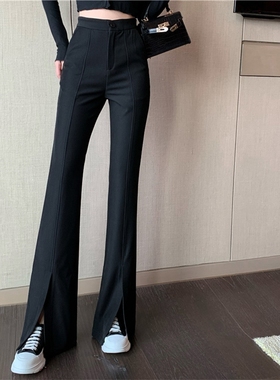 前开叉裤子女黑色高腰微喇叭裤修身显瘦2024春季新款休闲阔腿长裤
