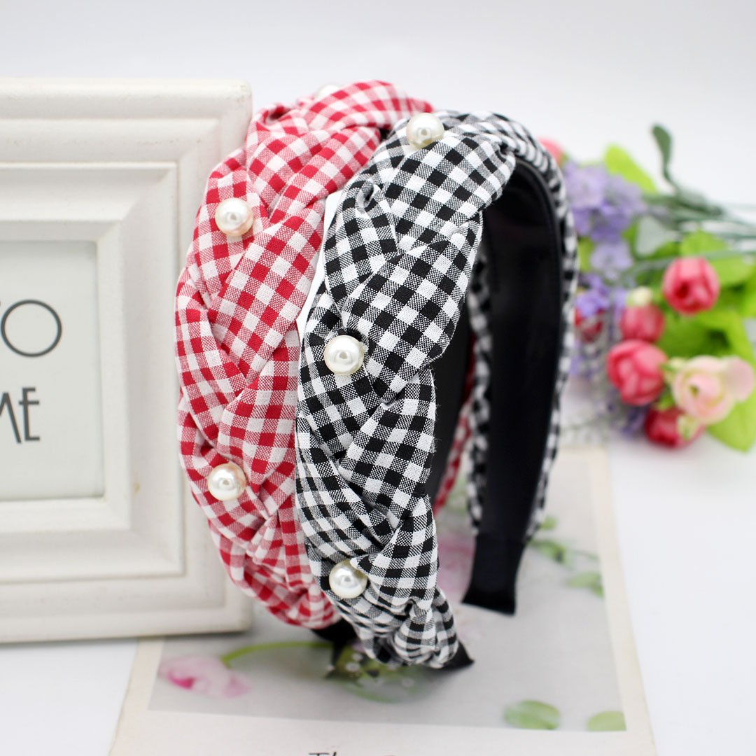 韩式新品格子布艺珍珠麻花辫子发箍女网红可爱带齿防滑高颅顶头箍