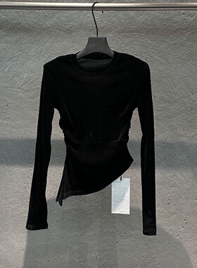 欧货DUDU 2026年春款长袖t恤女修身韩版丝绒T恤中长款不规则3868