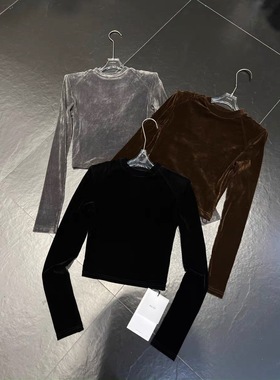 8519欧洲站DUDU2025秋季女上衣新款丝绒修身短款长袖T恤显瘦百搭