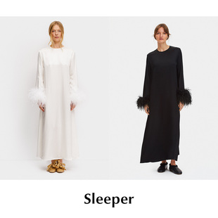 CETTCE 现货 Sleeper 可拆卸驼鸟毛绝美缎面居家可外穿睡袍连衣裙