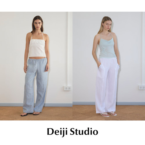 【SALE】CETTCE 现货 Deiji Studio 亚麻竖条纹纽扣休闲直筒长裤