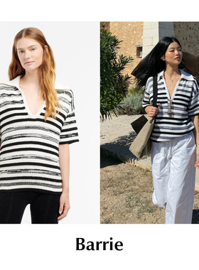 CETTCE 现货 Barrie 翻领polo黑白条纹羊绒针织短袖毛衣