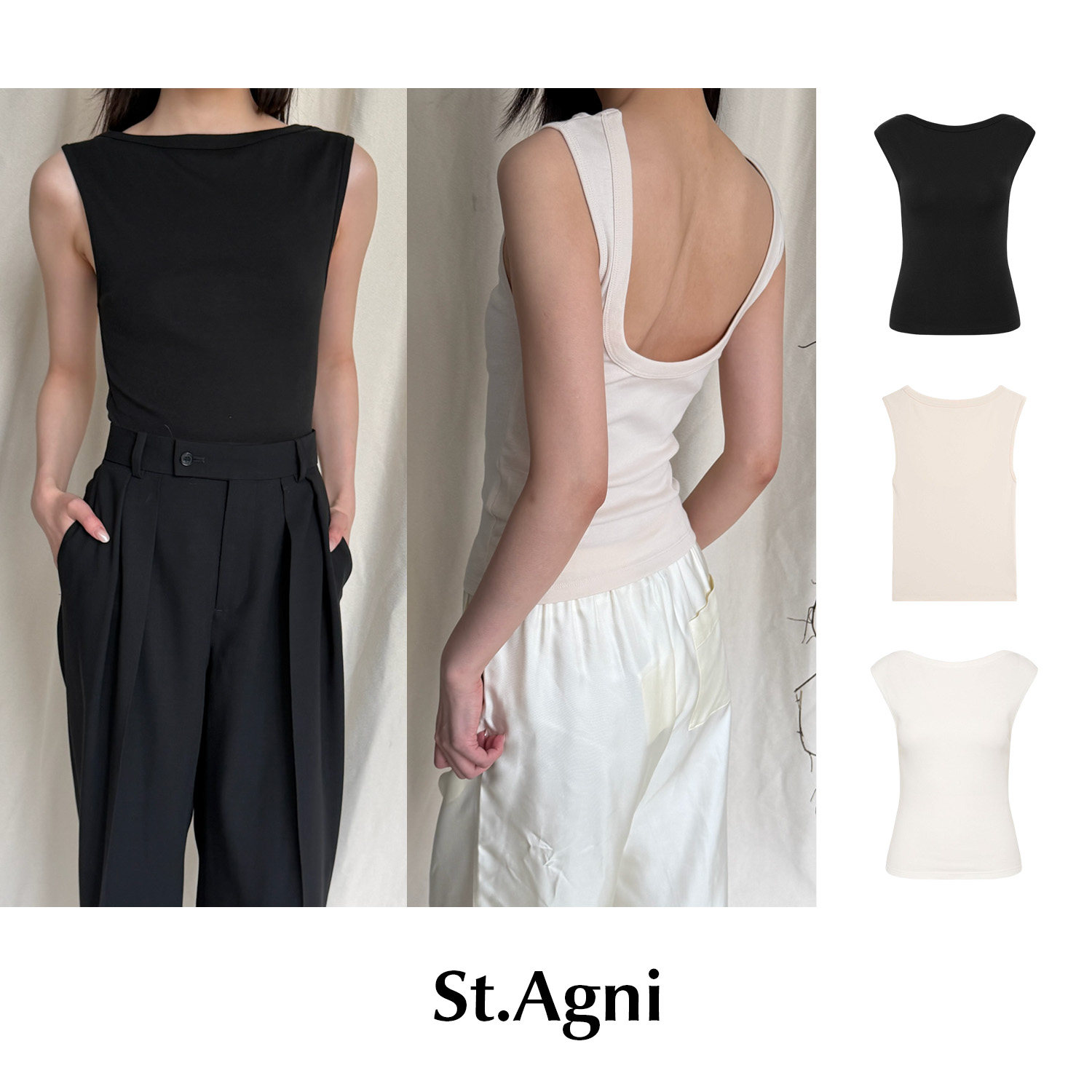 CETTCE 现货 ST.AGNI 纯色有机棉船领无袖露背T恤修身芭蕾舞上衣