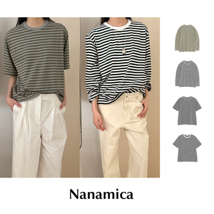 棉混纺针织条纹圆领落肩长袖 CETTCE 现货 Nanamica T恤上衣 短袖