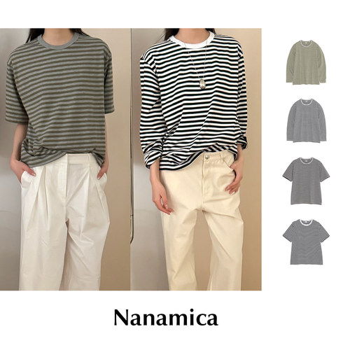 CETTCE 现货 Nanamica 棉混纺针织条纹圆领落肩长袖短袖T恤上衣