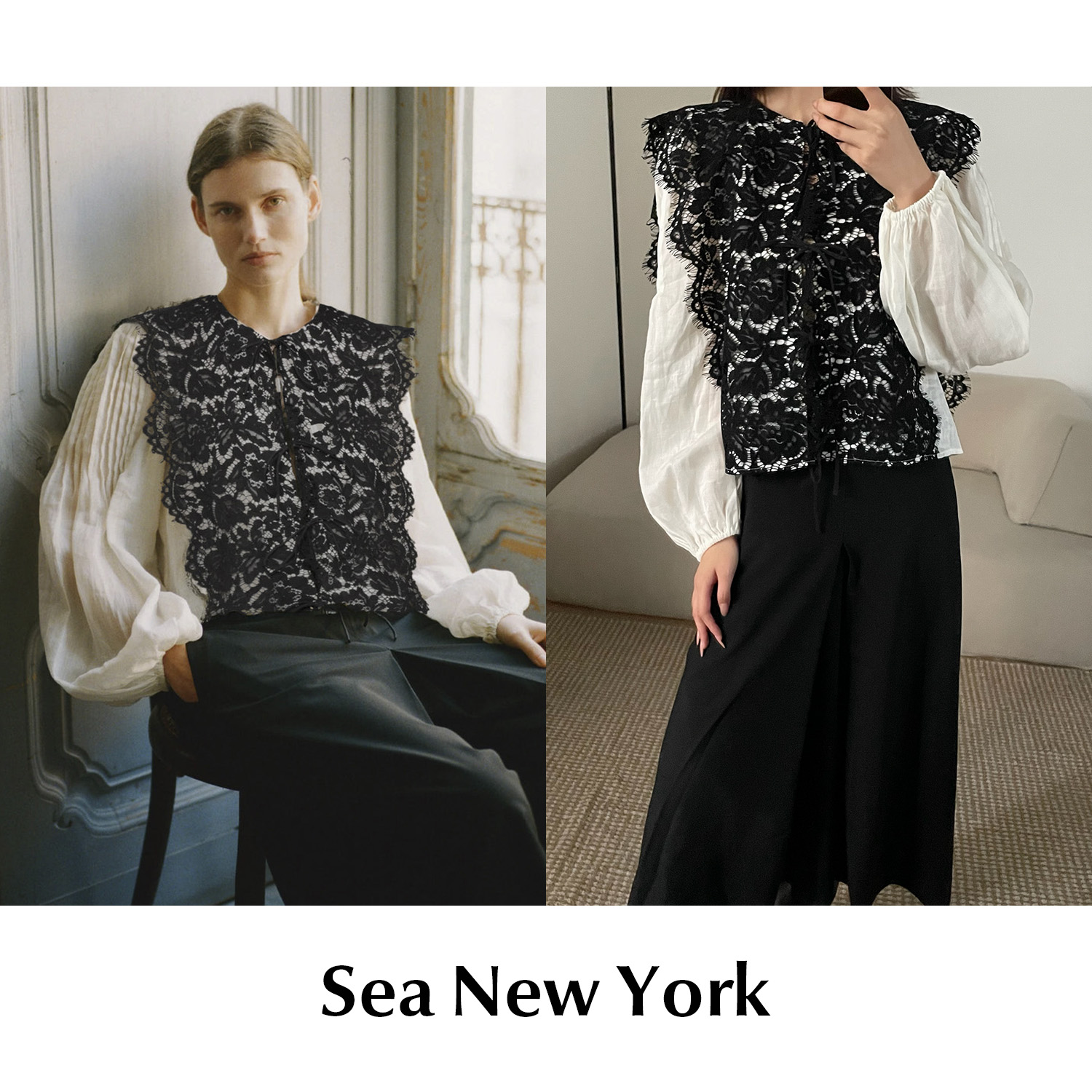 【SALE】CETTCE 现货 Sea New York 蕾丝花边宽袖褶饰苎麻衬衫