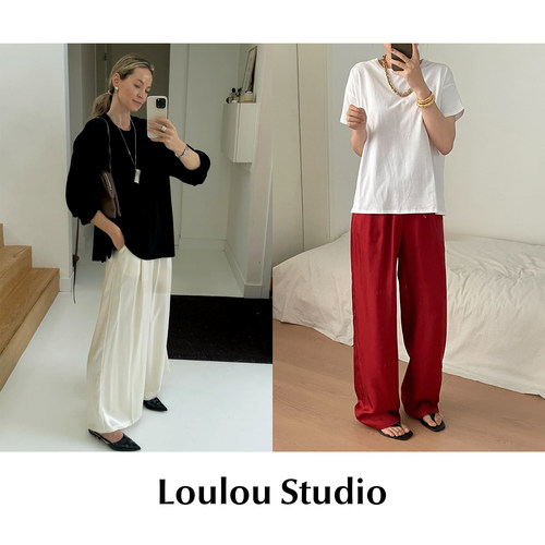 【SALE】CETTCE 现货 Loulou Studio 直筒松紧腰真丝休闲裤长裤