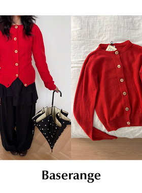 CETTCE 现货 Baserange 再生羊绒混纺红色纽扣针织长袖开衫毛衣