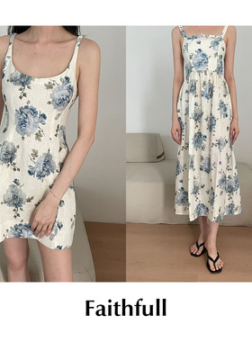 【SALE】CETTCE 现货 Faithfull 蓝色印花无袖短款吊带长款连衣裙