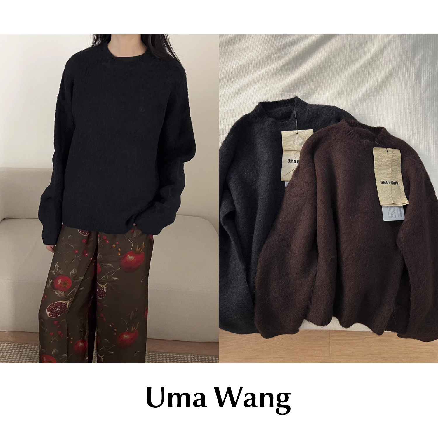 CETTCE 现货 Uma Wang 复古圆领套头罗纹针织羊毛羊驼毛两色毛衣