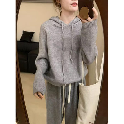 连帽灰色毛衣女秋冬慵懒风高级感