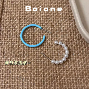 boione春日出游蓝色珍珠不对称C型耳环甜酷少女感减龄日常耳饰女
