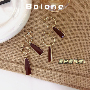 boione复古显白酒红色滴油长方形螺旋耳夹高级感简约气质优雅耳环