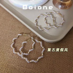 boione复古法式海边度假氛围感珍珠麻花大圆圈耳环甜辣方圆脸耳饰
