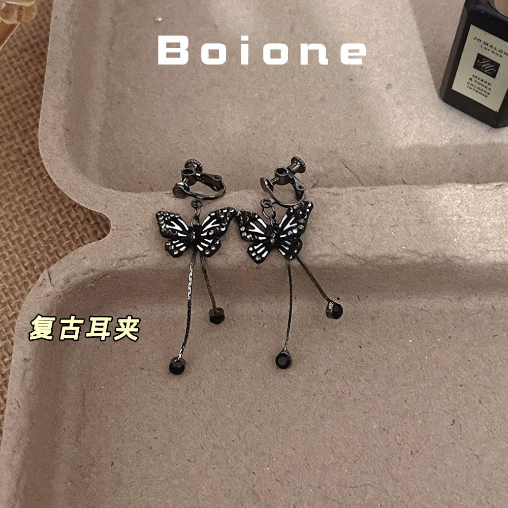 复古森系黑色蝴蝶流苏耳夹显脸小