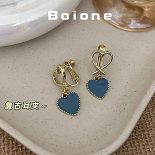 boione复古甜美蓝色双爱心螺旋耳夹耳环小清新气质甜酷耳饰耳环女