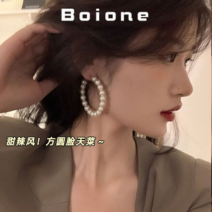 boione复古港风珍珠大圆圈耳环甜酷辣妹夸张方圆脸海南度假风耳饰