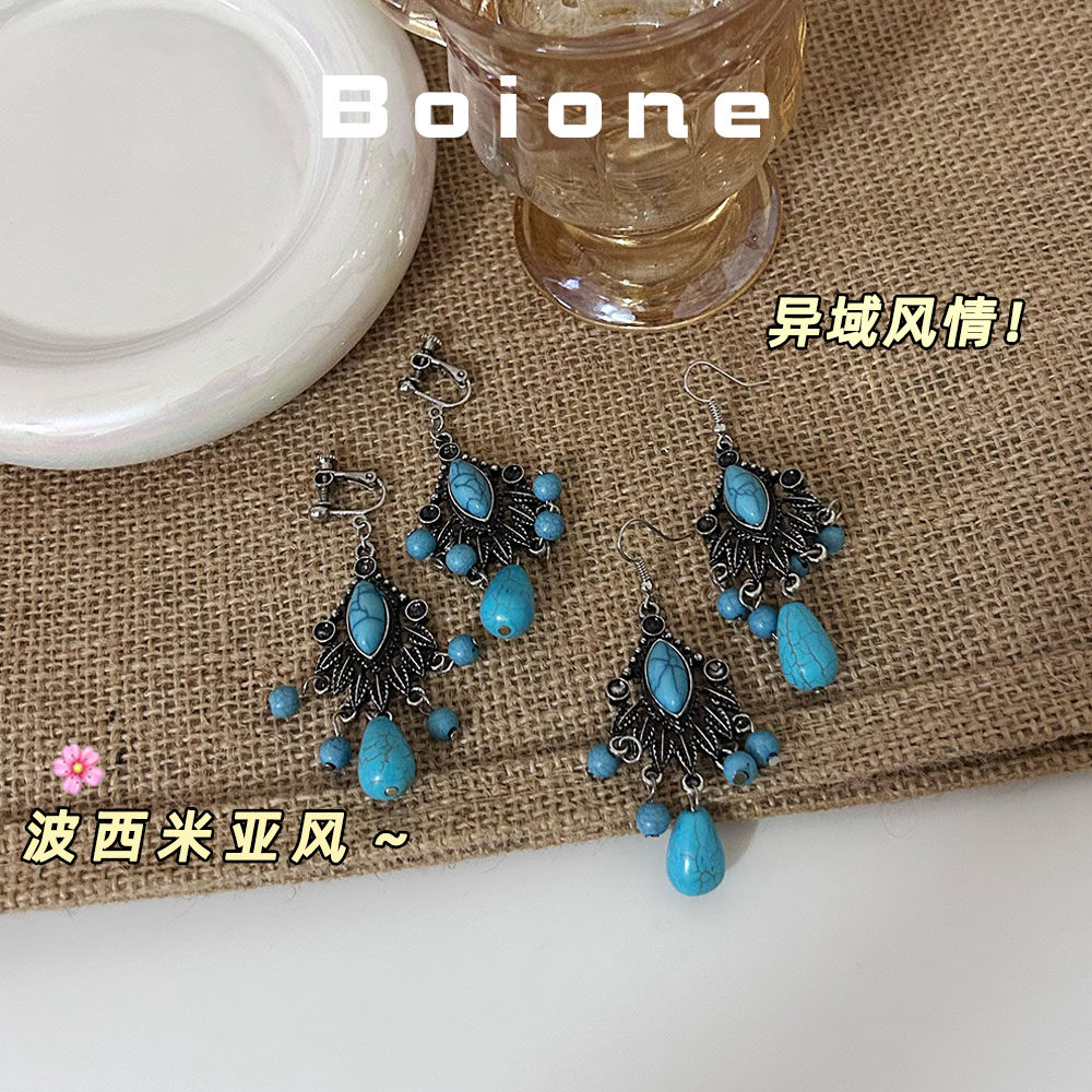 【实拍】民族风蓝色流苏螺旋耳夹
