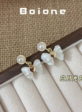boione白开水纯欲白月光白色猫眼石感蝴蝶结耳环螺旋耳夹约会耳饰