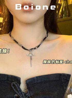 boione辣妹复古黑色皮革锁骨链