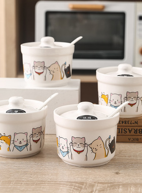 陶瓷调味罐带盖厨房盐味精罐套装家用调料瓶辣椒油罐佐料盒带勺子