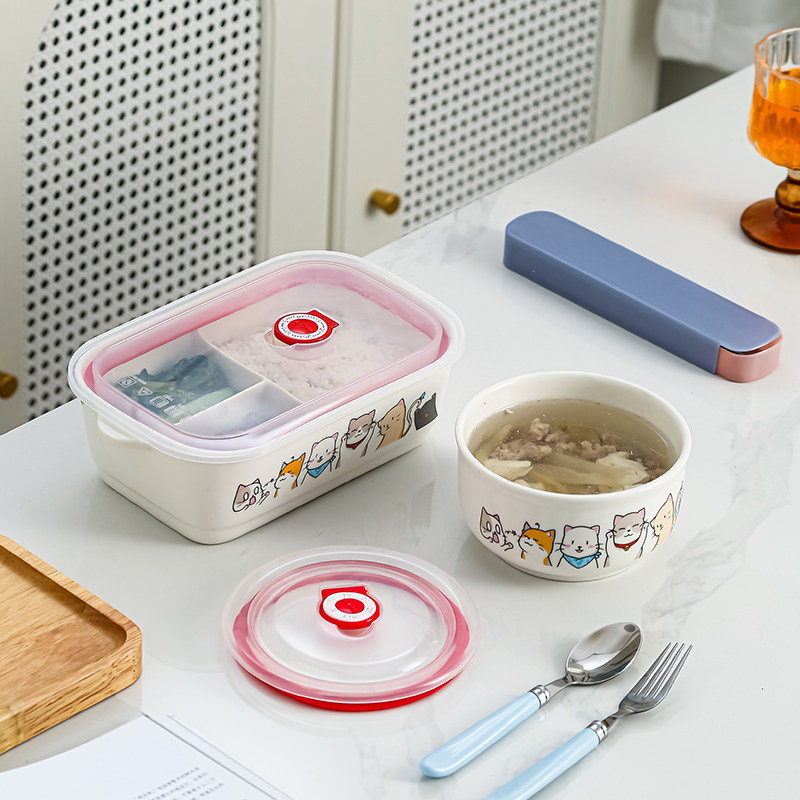 陶瓷保鲜碗带盖可微波炉饭碗带把手家用保鲜碗上班族带饭菜便当盒图片