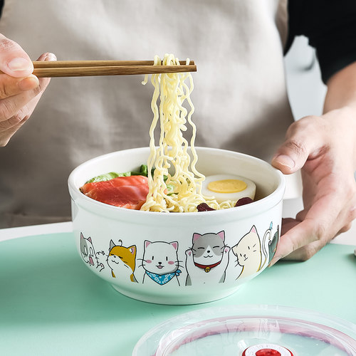 陶瓷泡面碗带盖卡通可爱单个学生餐具可微波炉加热家用保鲜碗汤碗