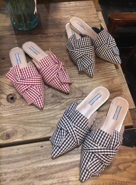 ILIMA日本订单小清新格子穆勒鞋日系蝴蝶结外穿包头平底拖鞋女鞋