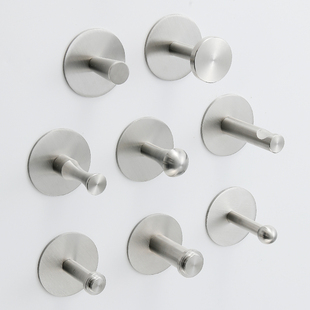 304不锈钢实心衣钩厨房浴室玄关钩单个小挂钩拉丝免打孔免钉胶装