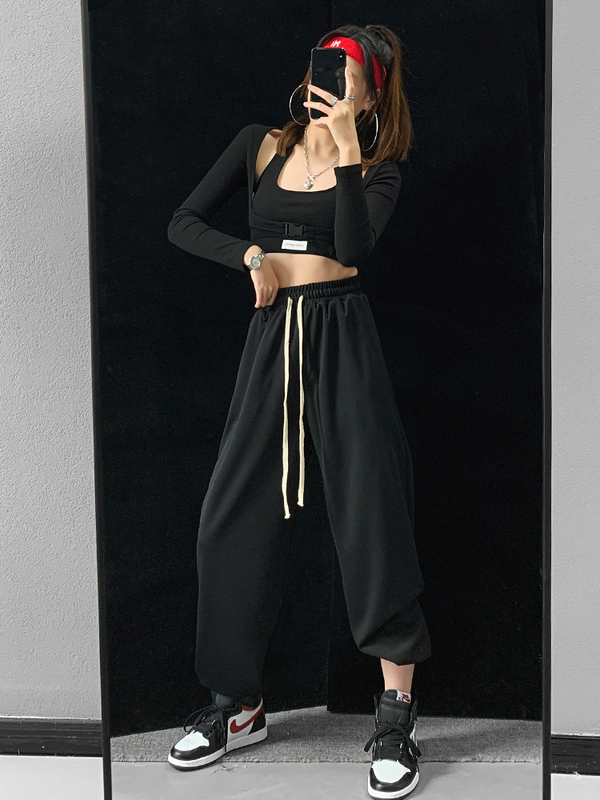 Official figure 2021 black sports pants women's loose Jazz Hip Hop drawstring Leggings spring and autumn leisure pants