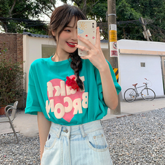 Guantu 100% cotton 2021 black love short sleeve T-shirt women's summer net red loose large version Harajuku