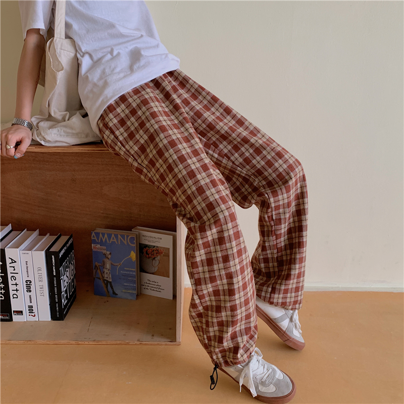 Real shot polyester spring new loose casual plaid pants for women
