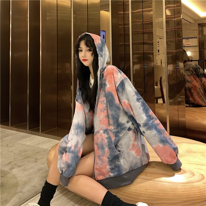 New style loose and slim long sleeve zipper coat of tie dyed sweater for women