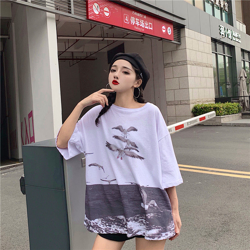 Actual Shot of 2019 New 6535 Rack Cotton Summer Korean Version Overfire Cec Loose Baitao Printed Ins Net Red Short Sleeves
