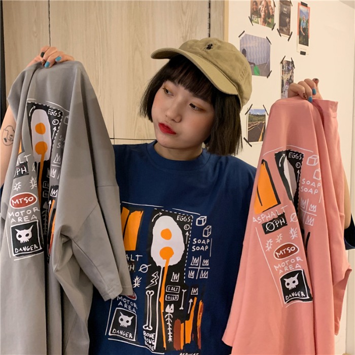 Real shot pull frame 2021 spring new cement grey antique T-shirt printed short sleeve girl