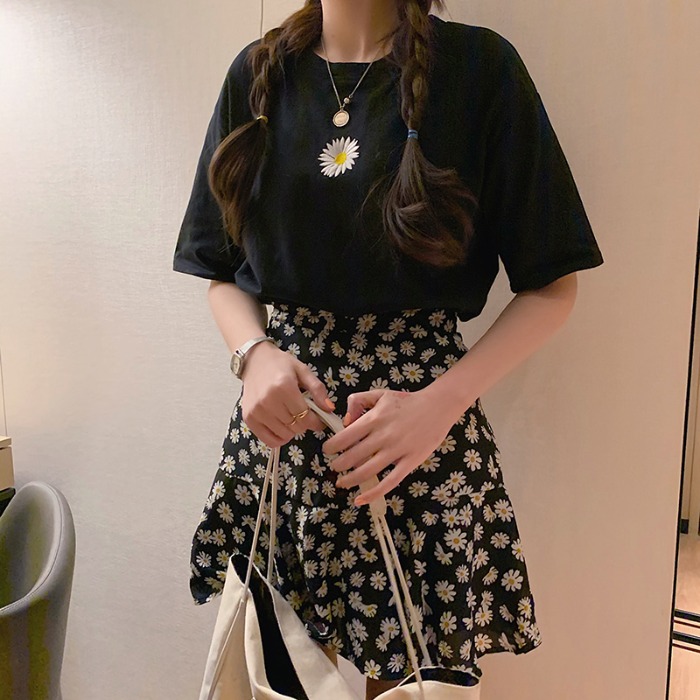 Real set chiffon skirt + lined T-shirt cotton 2021 embroidery daisy flower high waist fashion set
