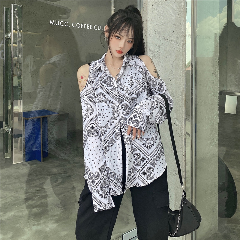 Polyester 2021 new spring and summer polo collar off shoulder cashew flower long sleeve shirt