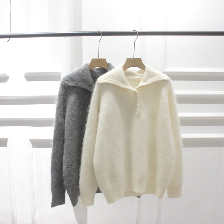韩国订单高品质冬装半开翻领马海毛加厚毛绒绒软糯针织毛衣套头衫